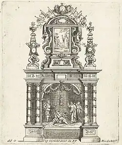 Altaar opgericht door de Antwerpse predikheren, ter gelegenheid van het eeuwfeest in 1685 van de herinvoering van de katholieke godsdienst in de stad Antwerpen. Ontwerp van Gaspar Bouttats[23]