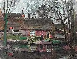 Oude Hollandse vrouw bij een kanaal