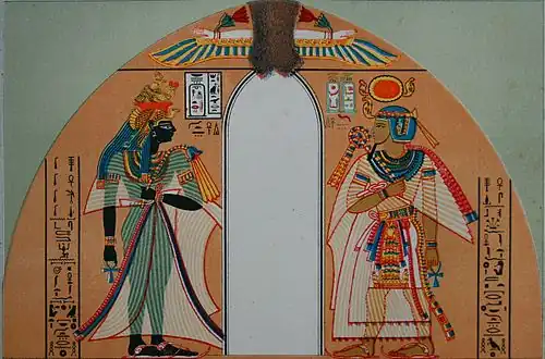 Amenhotep I samen met zijn moeder Ahmose-Nefertari (1881), tekening van fresco uit het boek Illustrierte Culturgeschichte für Leser aller Stände van Carl Faulmann