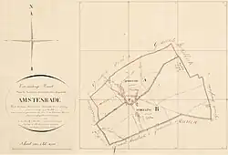 Indeling van de gemeente Amstenrade in afdeling A en B. Dit zijn twee gedetailleerde kaarten waarop de percelen aangegeven zijn; hierbij horen leggers (Oorspronkelijke Tafelen) waarin de oppervlakte, eigenaar en het gebruik beschreven worden.
