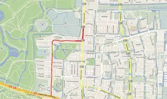 Amsterdamseweg op de kaart, met rechts Amstelveen en links het Amsterdamse Bos