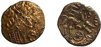 Een uit de ijzertijd vergulde gouden stater van de zuidelijke regio / Regini en Atrebates, geslagen voor Commius, daterend uit de periode ca. 50-25 voor Christus.