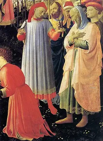 Palla Strozzi (met spijkers en doornenkroon) in de Kruisafneming door Fra Angelico.