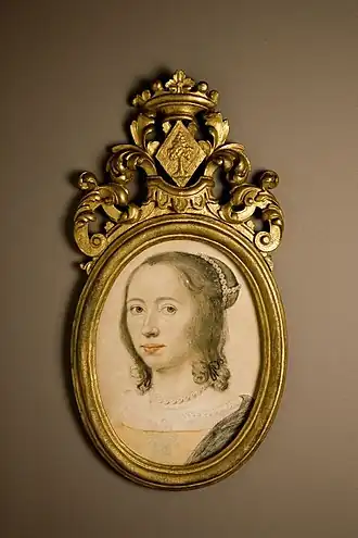Zelfportret van Anna Maria van Schurman met haar familiewapen.