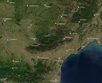 de Montagne Noire vanuit de ruimte (geografisch - rood; geologisch - paars)