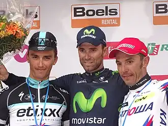 podium Luik-Bastenaken-Luik 2015: Julian Alaphilippe (2), Alejandro Valverde (1) & Joaquim Rodríguez (3)