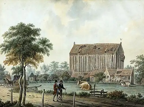 Noordzijde van de kerk te Scharmer met pastorie, school en onderwijzerswoning, kort voor de afbraak (Anton Koster, 1824).[2]