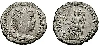 Antoninianus van Pacatianus die hem als onoverwonnen presenteert; op de achterkant wordt de 1001ste verjaardag van Rome gevierd.