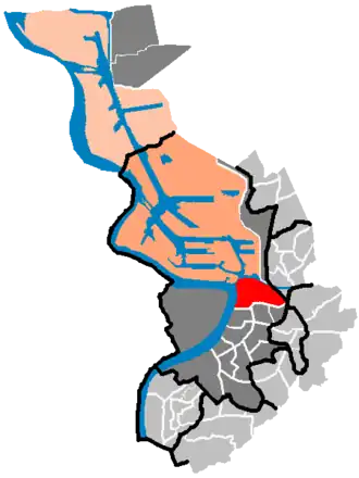 Locatie van de wijk Dam - Eilandje (in het rood)