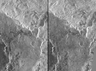 Stereobeeld van inslagkrater Cleopatra en Anuket Vallis in het noordoosten (ruimtesonde Magellan)