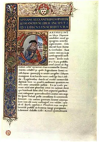 Pagina van de Latijnse vertaling van Appianus' "Historia Romana" door Pier Candido Decembrio, met denkbeeldig portret van de historicus