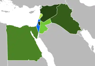 De Arabische landen (groen) waarmee Israël (blauw) in 1948 in oorlog was geweest.