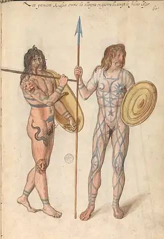 Fragment uit het kostuumboek gemaakt door Lucas d'Heere in de 2e helft van de 16e eeuw. Deze miniatuur toont de 16e-eeuwse perceptie van de eerste "Engelsmannen" ten tijde van de oorlog tegen Julius Caesar. Bewaard in de Universiteitsbibliotheek Gent.[3]