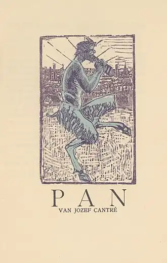 De god Pan spelende op zijn panfluit. Afgebeeld in het Vlaamse tijdschrift "Regenboog". Ontwerp voor houtsnede "Pan" van Jozef Cantré. Gepubliceerd in 1918.[1]