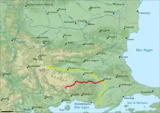 De Arda (rood) en de Maritsa (geel)