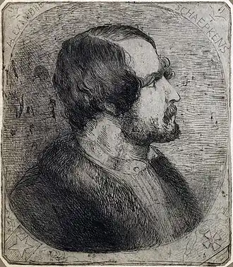 Portret van Alexander Schaepkens. Oudere ets door Arnaud Schaepkens, aangevuld met de Maastrichtse stadsster en het ridderkruis van de Orde van de Eikenkroon, ca. 1858