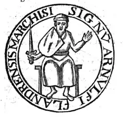 Zegel uit 941 met het omschrift signu' Arnulfi Flandrensis marchisi ("zegel van Arnulf, de markgraaf van Vlaanderen")