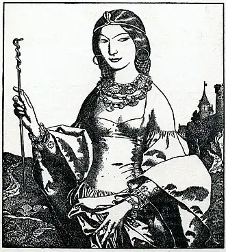 Illustratie Vrouwe van het Meer als Viviane door Howard Pyle in The Story of King Arthur and His Knights, 1903.