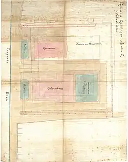 De contouren van het Artilleriehuis onder de geplande Stadsschouwburg en het Praedinius Gymnasium op een plantekening uit ca. 1880