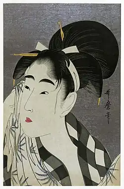 Vrouw die transpiratie van haar gezicht afveegt (Ase o fuku onna), 1798, print ca.1918/23), Ukiyo-e, Library of Congress, Washington