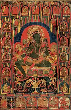 12de eeuw. De godin Tara. Ook deze thangka kent nog de invloed van de pata schilderingen uit Noord-India.