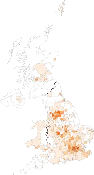 Aziatisch bevolkingspercentage in het Verenigd Koninkrijk in 2011