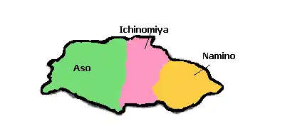 De gemeenten Aso, Ichinomiya en Namino voor de fusie