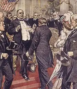 William McKinley neergeschoten, illustratie La Domenica del Corrierre door Achille Beltrame