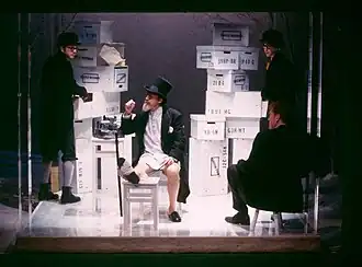 (v.l.n.r.:) Grant Varjas, Raynor Scheine, Jim Parsons en William Atherton in Fishelson's versie van Het slot in het Manhattan Ensemble Theatre in januari 2002.