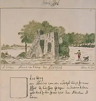 De ruïne van Verborg in 1730, door Andries Schoemaker