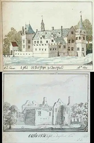Oosterstein in de 17e eeuw, in 'welstand' en als ruïne (Atlas Schoemaker, 18e eeuw)