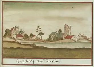 Kasteel en buurtschap Westkerke (afbeelding uit periode 1710-1735), waarschijnlijk grotendeels berustend op fantasie[1]