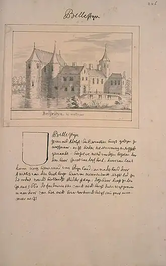 Bellesteyn op een fantasierijke tekening uit begin 18e eeuw