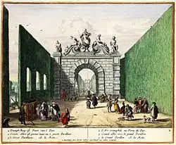 Ruiterstandbeeld van Filips Karel op de slavenpoort in het Park van Edingen, afgebeeld door Romeyn de Hooghe (ca. 1680)