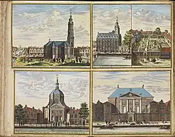 pl017b - Leiden, Nieuw Gefondeerde Kerk of Waardkerk (niet gebouwd) - Academiegebouw - Kruythoff (hortus) - Marekerk - Lakenhal