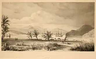 Historische illustratie uit 1846 van de locatie van Fort Du Bus met uitzicht op de Tritonbaai