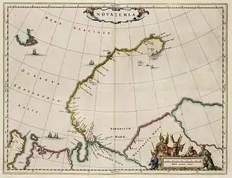 Nova Zembla met Het Behouden Huys aan noordoostzijde (Atlas van Loon, 1664)