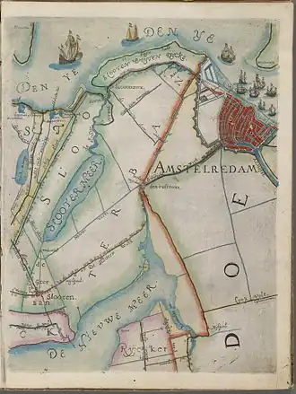 Pagina uit het kaartboek van het Hoogheemraadschap van Rijnland, door Floris Balthasar in 1611.