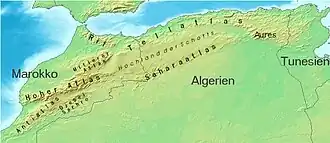 Kaart van het Atlasgebergte, met in het noorden de Tellatlas