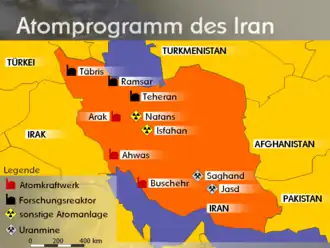 Kaart met de sites van Irans kernprogramma.