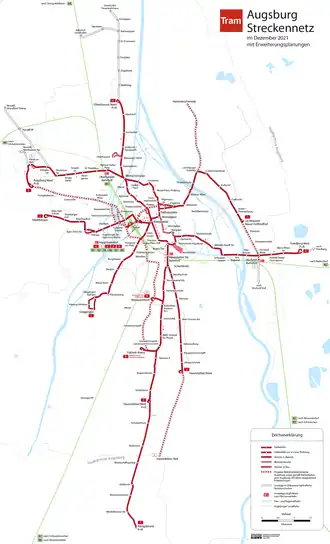 Routekaart van de Straßenbahnnetz Augsburg