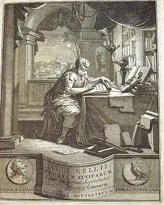 Aulus Gellius afgebeeld op de titelpagina van Noctes Atticae, 1706 editie van Jakob Gronovius.