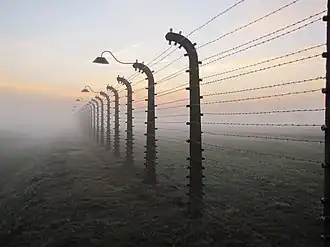 Hekwerk met prikkeldraad bij concentratiekamp Auschwitz, in de mist.