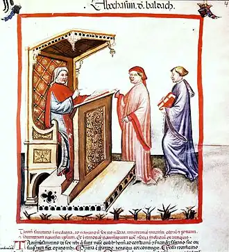 Afbeelding van Ibn Butlan (links) met twee geleerden in een middeleeuwse codex van de Tacuinum Sanitatis