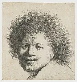 Zelfportret met lange, verwarde haardos: alleen de kop, ets en burijn, 1629-1633, Rijksmuseum Amsterdam