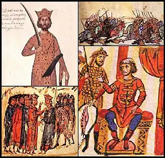 met de klok mee vanaf rechtsboven: de Slag bij Anchialus; kan Omoertag; de keizers van Bulgarije en Byzantium onderhandelen over vrede; keizer Nikephoros II Phokas