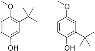Structuurformule van 3-tert-butyl-4-methoxyfenol (links) en 2-tert-butyl-4-methoxyfenol (rechts)