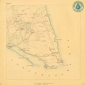 Topografisch kaart uit 1912 van het oostelijk punt van Aruba met het rifeiland Indiaanskop, gekarteerd door Werbata-Jonckheer