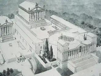 Het oude Baalbek met de tempel van Jupiter, het Zeshoekige Hof, en de Tempel van Bacchus. (De Tempel van Venus was de derde tempel van het complex, buiten beeld links vooraan)