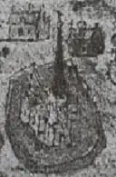 De Sint-Ursmaruskerk in 1571, acht jaar voordat hij tijdens de Slag om Baasrode in lichterlaaie werd gezet door Malcontenten